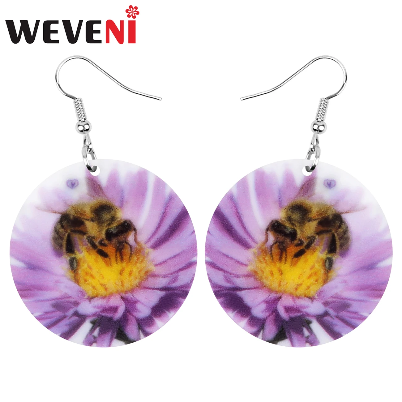 WEVENI Acrylic Round Purple Bee Earrings Flower Insect Animal Honeybee Big Dangle Drop Jewelry For Women Girls Kids Novelty Gift | Украшения