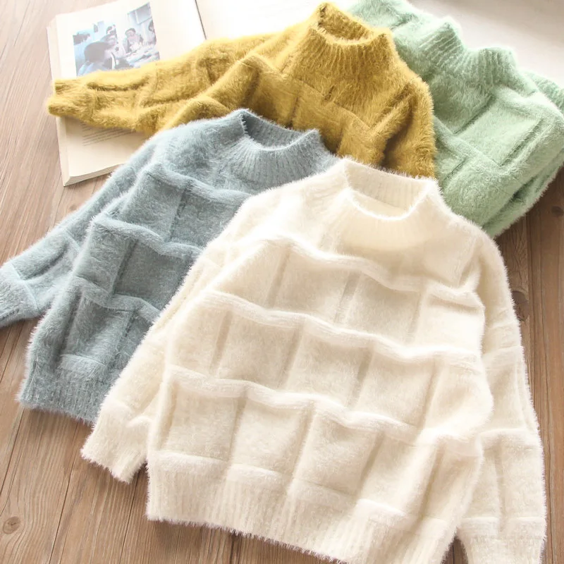 

Imitation Mink Velvet 2019 Autumn Jacquard Plaid Girls Sweater Children's Wear Wholesale