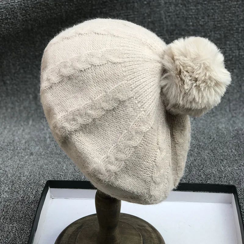 Autumn Winter Pom Pom Knit Beanie Hats Rabbit Hair Ball Thick Warm Women Soft Painter Hat NZ114