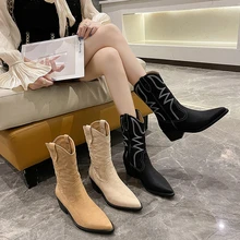 

2021 Flat Platform Cowboy Boots Women Shoes Autumn Winter Fur Leather Boots Fashion Round Toe High heels Ladies Shoes 35-42