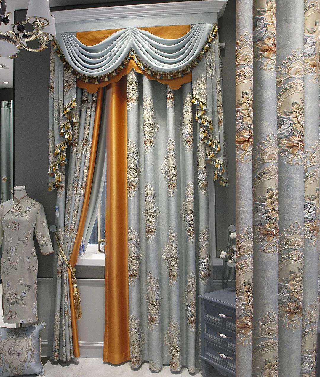 

Custom curtains luxury European villa high window thick velvet embroider yellow cloth blackout curtain tulle valance drape