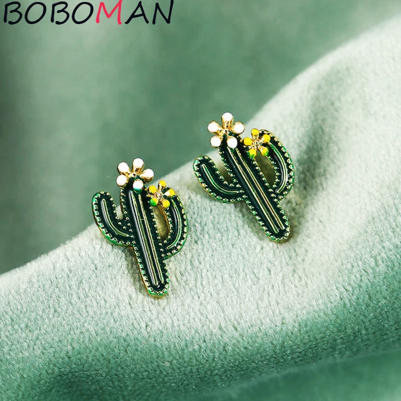 Новинка 2021 зеленые серьги кактус креативные ретро простые из сплава масляные для