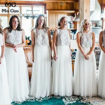 

2019 A-Line Bridesmaid Dresses Long Wedding Party Dress with Lace Sleeveless White Prom Bridesmaid Dresses for women