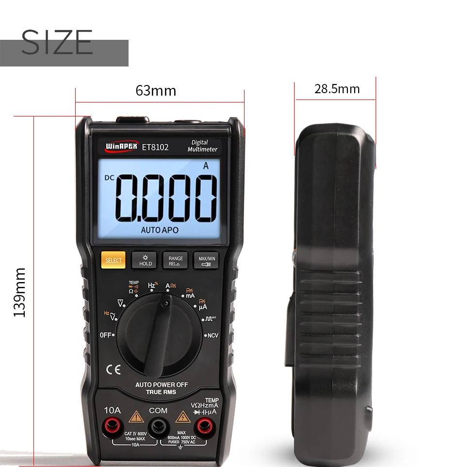 WinAPEX ET8102 Цифровой мультиметр True RMS 6000 отсчетов фонарик цифровой вольтметр 1000V 10A переменного тока/постоянного тока Амперметр Карманный мультиметр