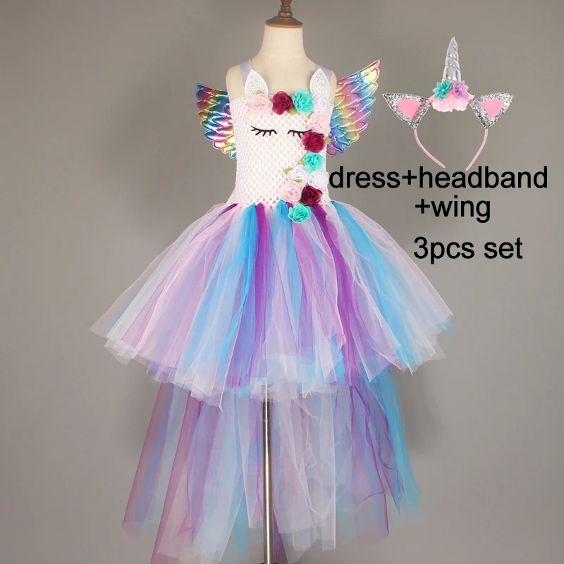 dress headband wing Платье-пачка с цветочным рисунком и единорогом для девочек, с повязкой на голову и крылышками, нарядное платье с единорогом для дня рождения костюм на Хэллоуин - Цвет: dress headband wing