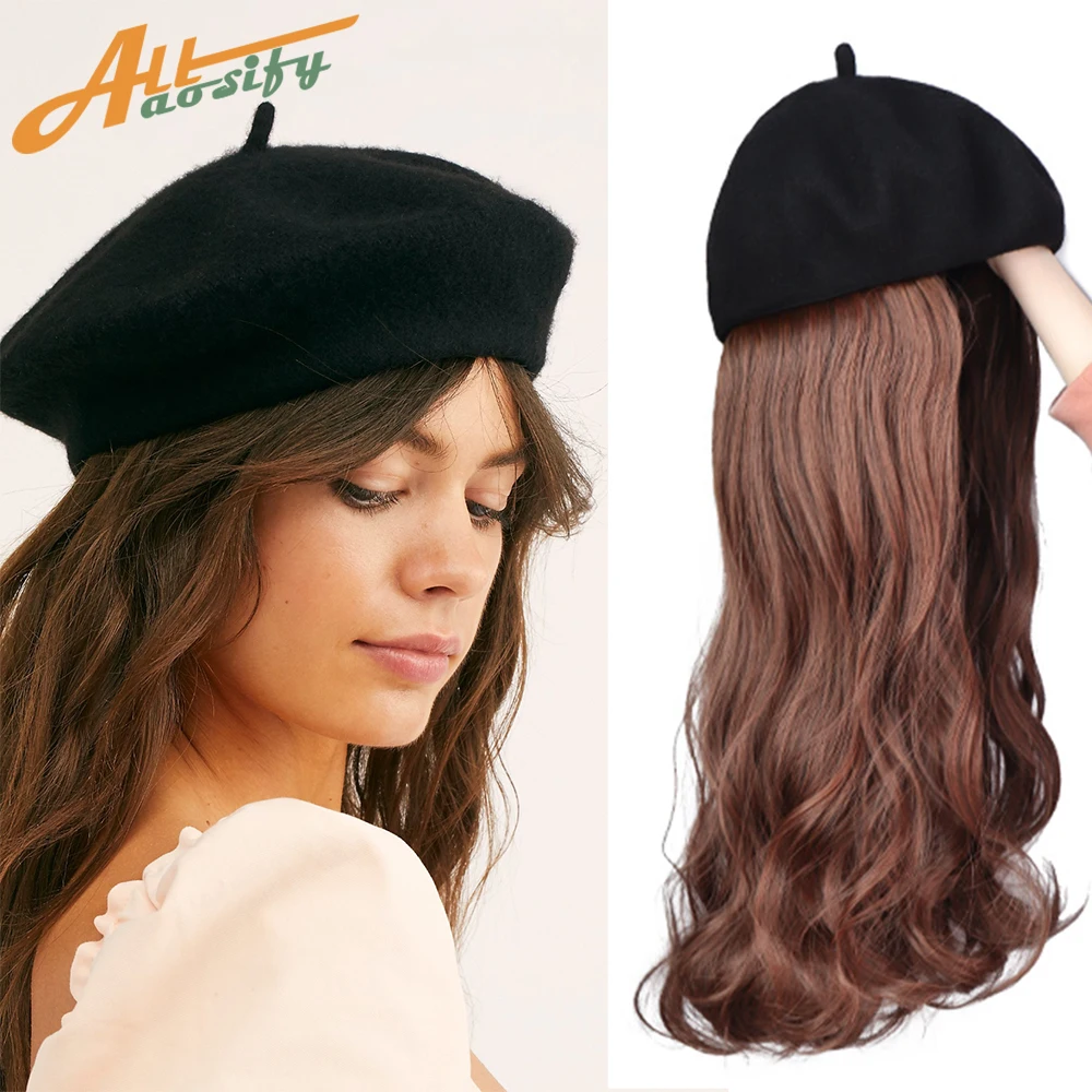

60cm Wavy hair extensions Women Hat Hair Extension Synthetic High Temperature with hat Integrated Wig 200g White Red Black Brown