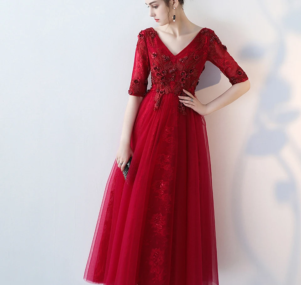 LAMYA tea length Выпускные платья Burgundy Половина рукава вечернее платье с кружевной аппликацией вечерние платья бальное платье Тюль платье для особых случаев