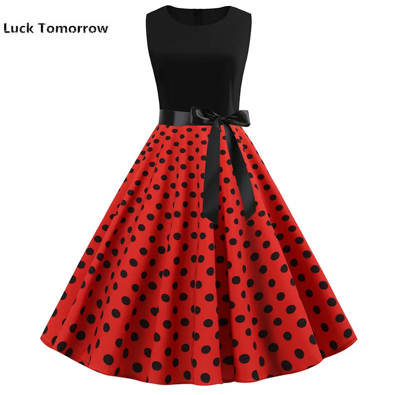 

Black Patchwork Vintage Dress Women Summer 2019 High Waist Polka Dot Party Dress 50s 60s Pin Up Rockabilly Robe Femme Sundress