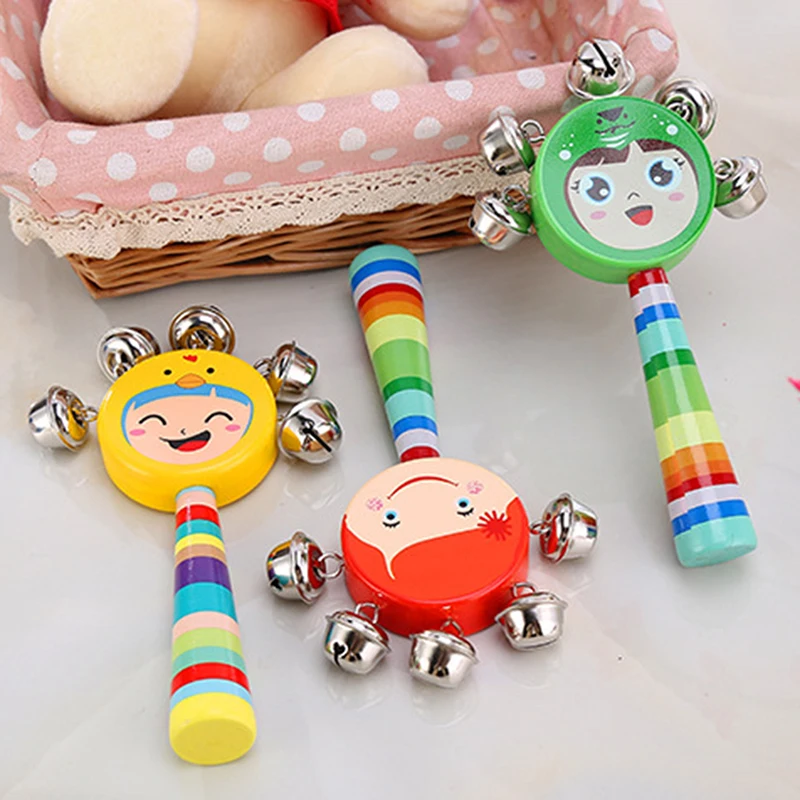 Wooden Maraca Bell Baby Toys Children's Wooden Cartoon Smiley Rattle