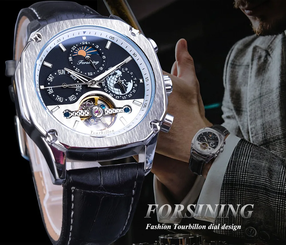 Forsining автоматические механические часы Топ бренд Мужские часы черный кожаный ремешок Tourbilion неделя Дата дисплей модные наручные часы