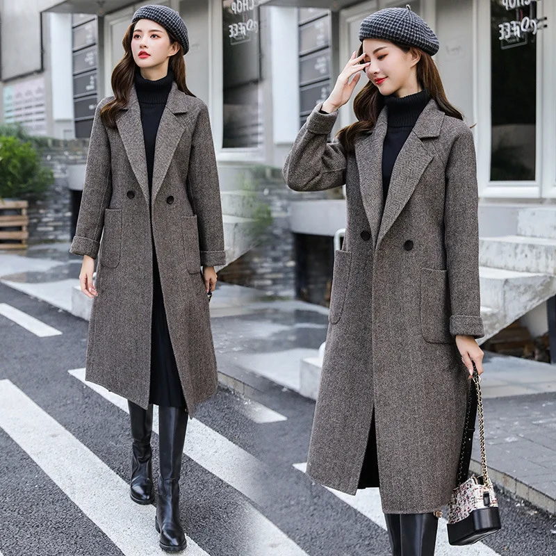 

Women'S Coats Wool&Blends Women'S Parkas Pockets Belted Jackets Brown Coffee Belt Outerwear Autum Winter Women Woolen Coat