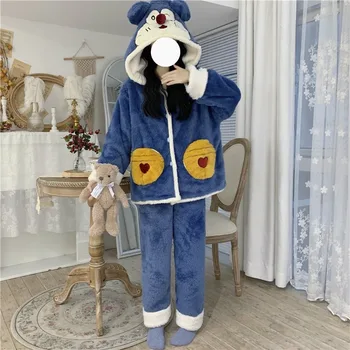 

2020 New Autumn and Winter Cute Cartoon Flannel Outer Wear Warm Pajamas Two-piece Casual Home Service Suit Women Sleep Clothes