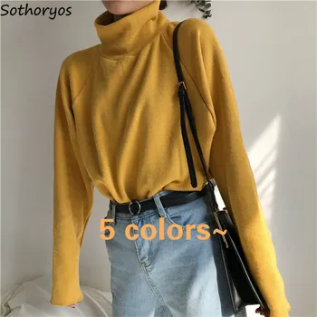 

Long Sleeve T-shirts Women Elegant Solid Soft High Quality Turtleneck Chic Plus Size 3XL Korean All-match Womens T-shirt Top HOT