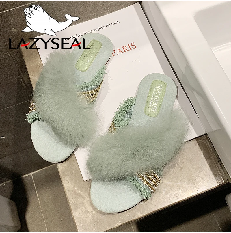 LazySeal натуральный тапочки их меха под кролика женская обувь, хлопковая ткань; женские сланцы на плоской подошве; обувь на высоком каблуке обувь в стиле шик Для женщин пушистые закрытые шлепанцы без задника с открытыми пальцами
