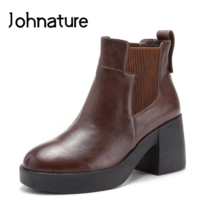 

Johnature Genuine Leather Shoes Woman 2019 New Autumn Winter Ankle Platform Boots Solid Color Retro Square Heel Women Shoes