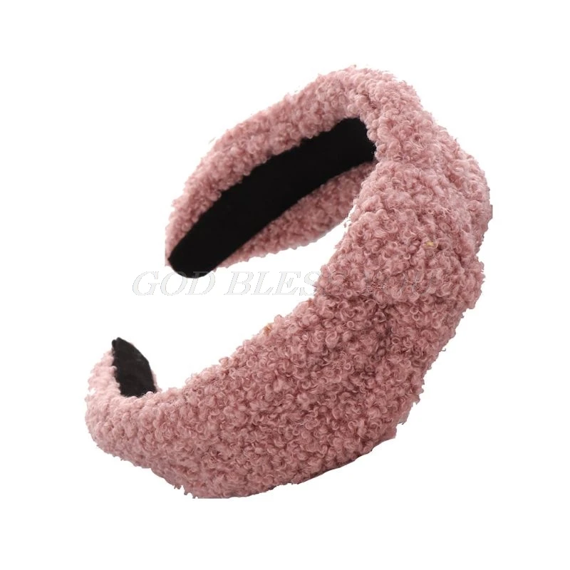 Women Winter Thick Fluffy Plush Headband Solid Color Twist Knot Wide Hair Hoop - Цвет: PK