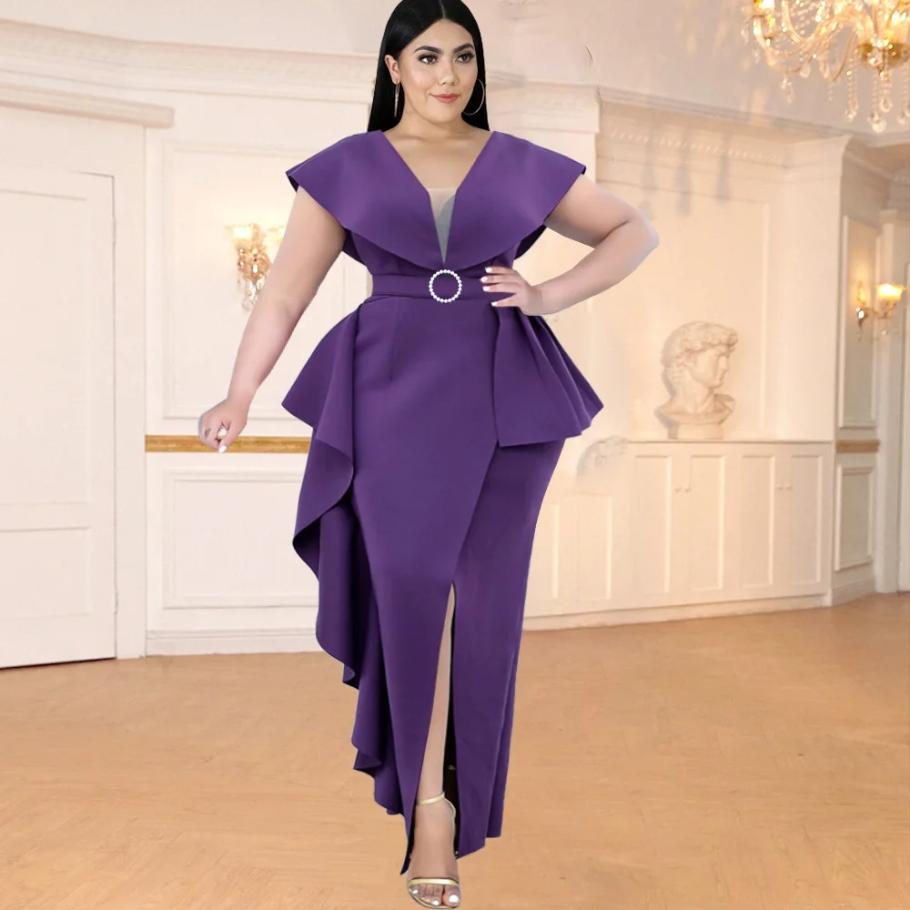 V Neck Sleeveless Bag Hip Slit Ruffle Women Evening Party Dress Chic Purple Robes Dinner Dress Lady Office Elegant Work Wear