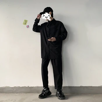 

Male Hip Hop Long Sleeve Casual Japan Style Streetwear Gray Black Shirt Trousers Men 2 Pieces Sets Shirt Pant Suits