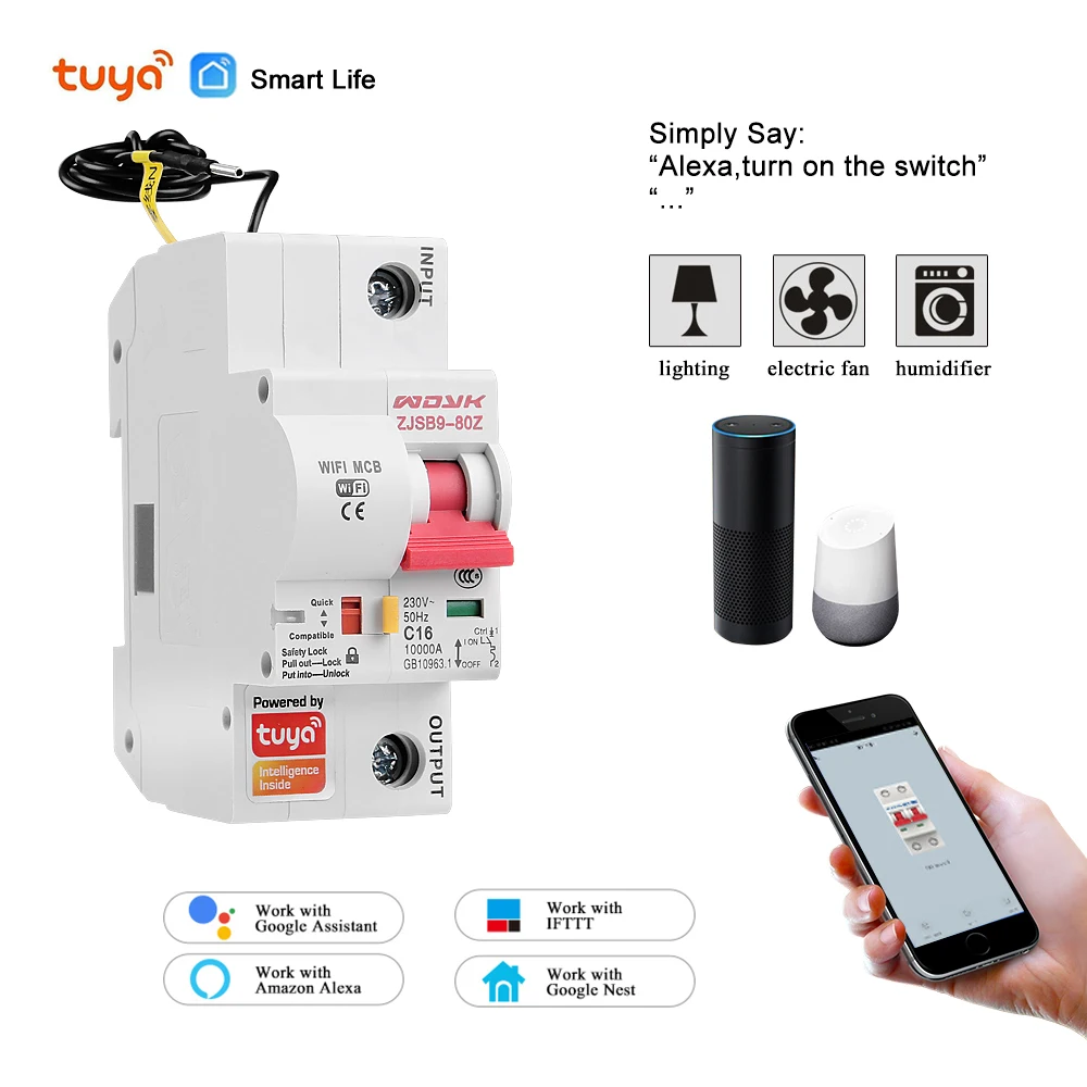 Smart Life(tuya) app 1P WiFi Smart Circuit Breaker overload short circuit protection with  Alexa google home for Smart Home