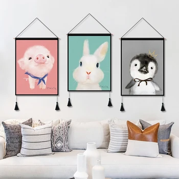 

Nordic Style Wall Hanging Tapestry Cute Cartoon Rabbit Lion Panda Cat Scroll Painting Wall Art Pictures Kids Bedroom Decor Cloth