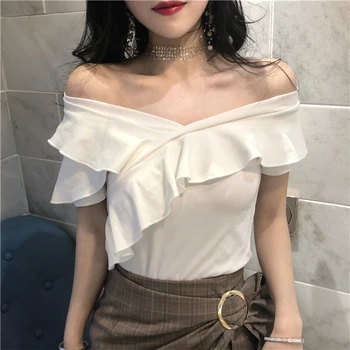

White Tops New 2020 Women Summer Blouses Shirts Slash Neck Sexy Casual Ruffles Off Shoulder Asymmetrical Lady