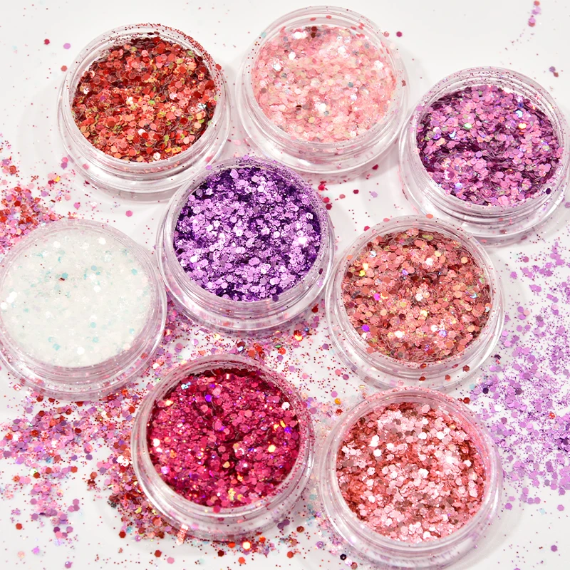 8Box set Nail Holographic Mix Mylar Flake Purple Red High Flash Holo Chunky Sequins Hexagon Polyester 3