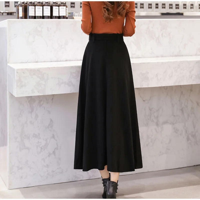 Autumn Winter Women's Woolen Maxi Skirts With Belt Pockets Vintage Wool Skirt Ladies Fashion Casual Khaki Streetwear Female