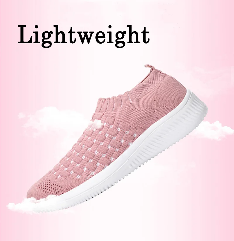 Женская прогулочная обувь Flyknit; дышащая сетка; мягкий светильник; женские кроссовки без шнуровки; нескользящая Спортивная повседневная обувь для улицы; Новинка