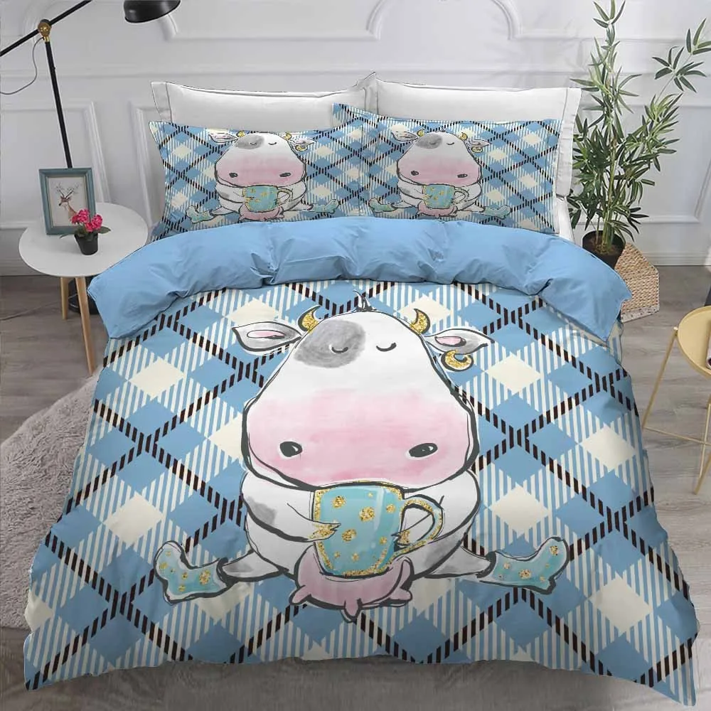 

2/3 Pieces Milk Cow Bedding Sets 3D Print Cartoon Animal Duvet Cover Set Blue Lattice Bed Quilt Cover Home Decor Pillowcase
