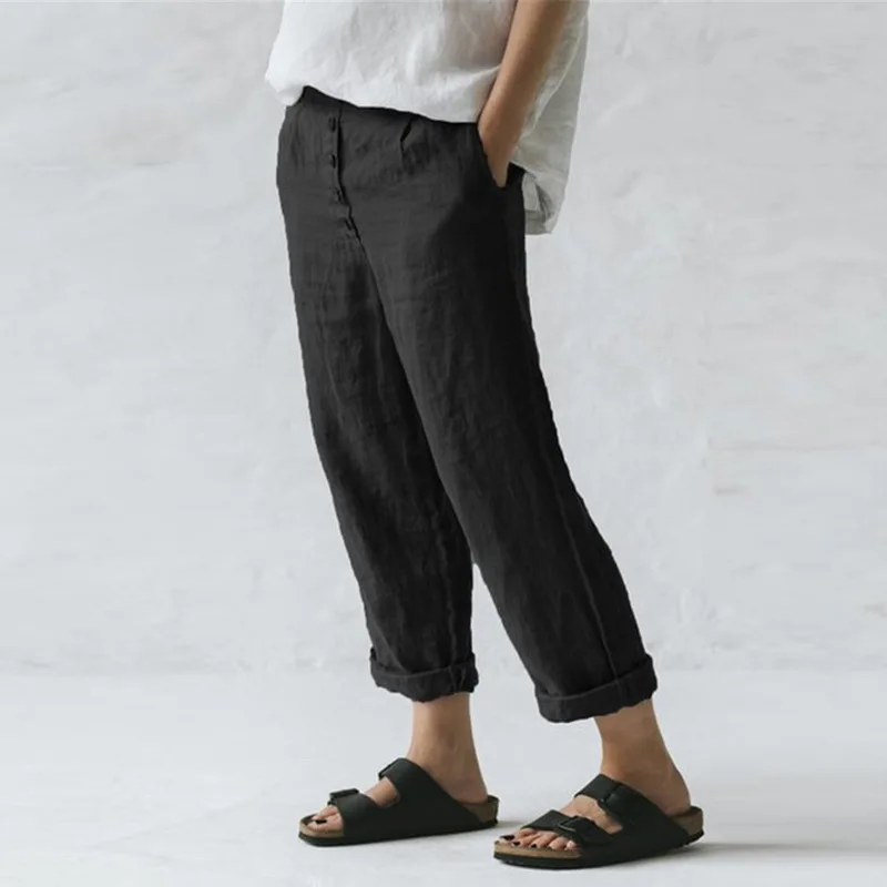 

SFIT 2019 Women's Explosion Models Pants Summer Women's Linen Pocket Button Casual Slim Large Size Pants Dropshipping