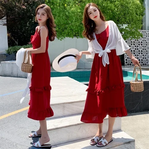 

Summer Sun-resistant WOMEN'S Suit Korean-style Versatile Hipster Strapped Dress plus Cardigan Two-Piece Set Sense of Design Non-