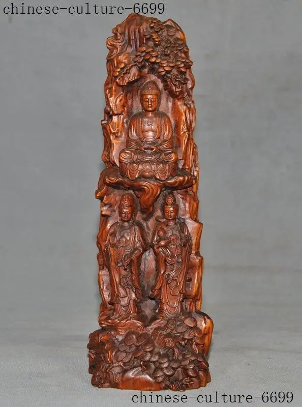 

wedding decoration Tibet Boxwood Wood Carving Sakyamuni Shakyamuni GuanYin Kwan-yin 3 Buddha Statue