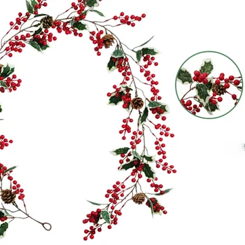 

1Pc Christmas Rattan Decoration Artificial Hanging Vine Imitation Red Berries Green Leaves Pine Cones Cane (Red Green)