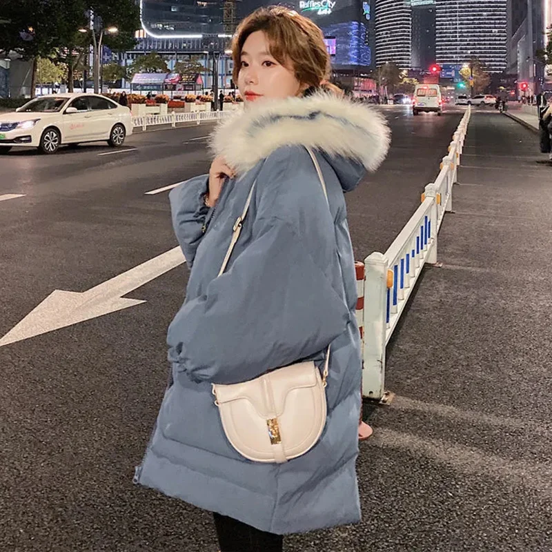 

Winter Blue Loose Fur Collar Hooded Korean Warm Pocket New Parka Women Parkas Big Jacket Mujer Japanese Festival Coat Woman