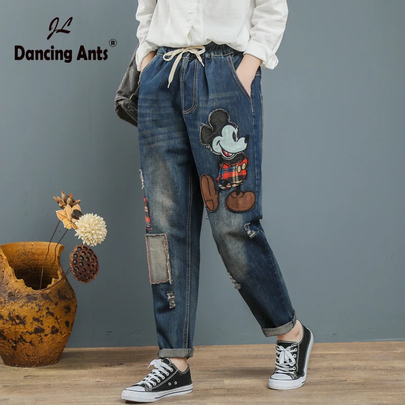 

2020 Mum Jeans Mujer Women Boyfriend Jeans for Woman Mom Jeans Harem Cartoon Print Pants Denim Plus SizeJeans mujer jean femme