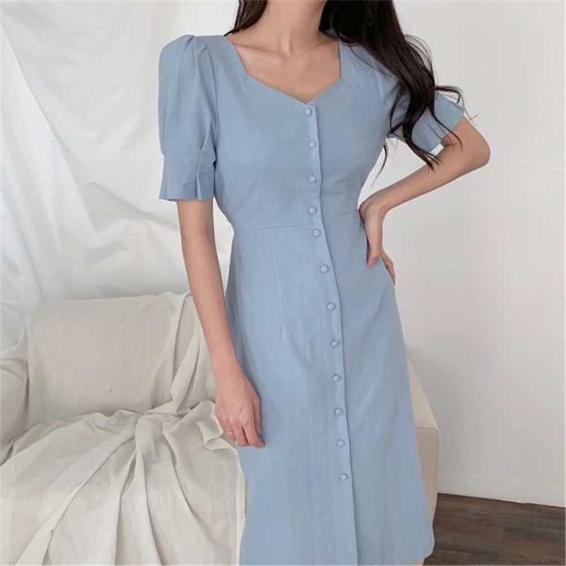 Корейское женское летнее длинное платье-рубашка, однобортное платье с v-образным вырезом, синее платье, женское элегантное платье Sukienki Jurken Sommerkleid Jurk