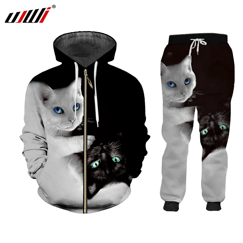 UJWI 3D Black white Cat 2 Piece Set ZIP Hoodies Suits Men/women Sweatshirt Joggers Harajuku Set Winter Unisex Tracksuit jacket