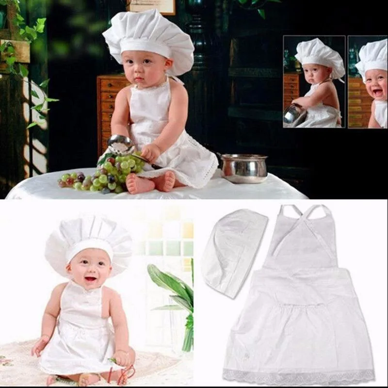 2Pcs/Set Baby Chef Apron+Hat For Kids Baby White Cook Hat Girls Boys Cap Newborn Photography Props Costume For 0-12month Baby baby dress set for girl