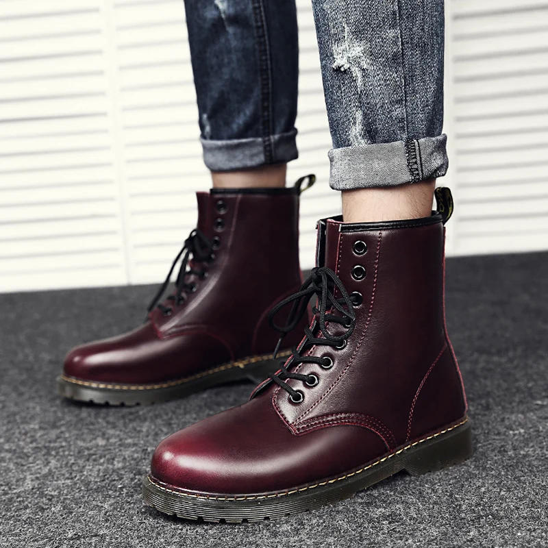 

RELKA New Spring Autumn Winter Men Ankle Boots Low Heel Wine Red Motorcycle boots Warm Fashion Plus Size Men Shoes B9