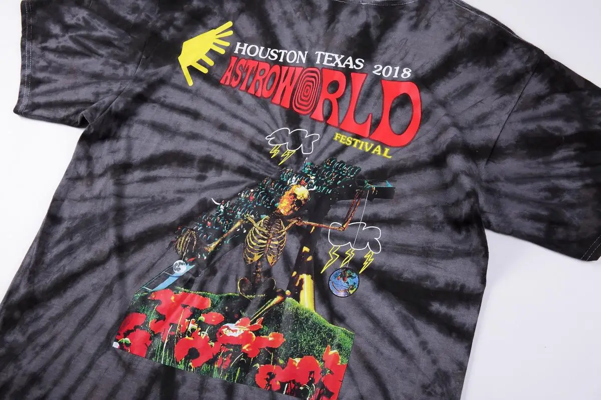 19ss праздничный галстук-краситель с изображением Трэвиса Скотта Astroworld, футболка с изображением скелета розы 1:1, высококачественные футболки с изображением Трэвиса Скотта, футболка ASTROWORLD