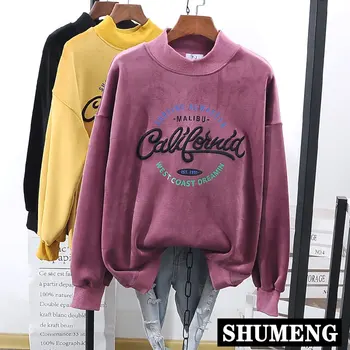 

Fashion Autumn and Winter Women Velvet Hoodie High Collar Embroidery Letter Pullover Coat Thickening Streetwear Hoodies Outwear