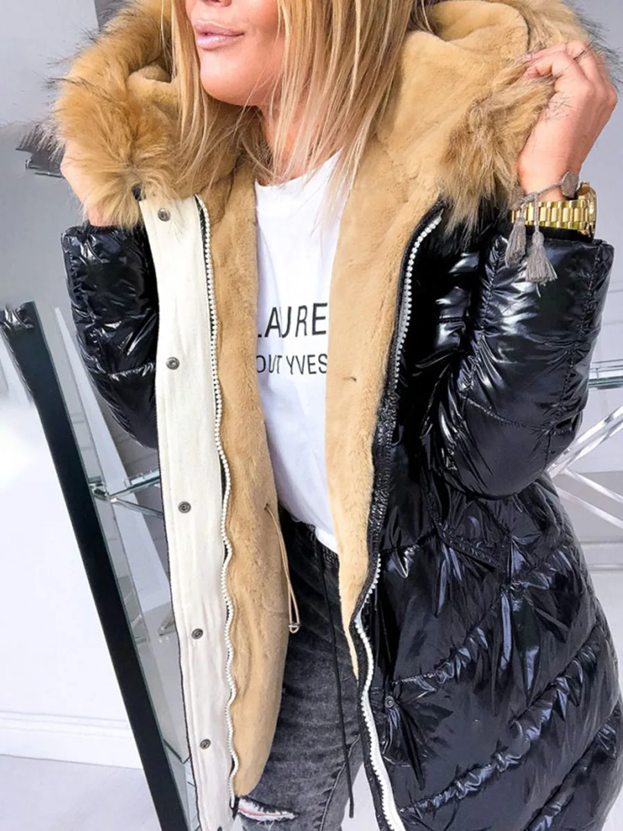

Cotton Padded Jacket Winter Thick Down Jacket Fashion Warm Lady Parkas Slim Solid Bright Surface Zipper Fur Collar Lammy Women