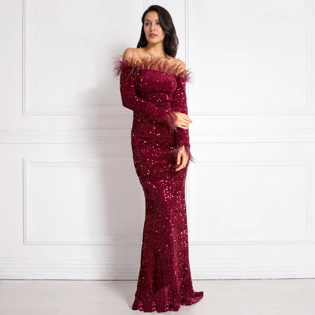 Fleepmart Burgundy Shiny Sequin Feather Velvet Party Dress Long Sleeve Bodycon Stretchy Slash Neck Floor Length Mermaid Dress Black Green