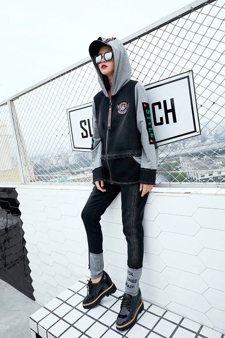Max LuLu роскошный корейский бренд Harajuku Байкерская уличная женская джинсовая куртка-бомбер повседневная женская джинсовая куртка с капюшоном