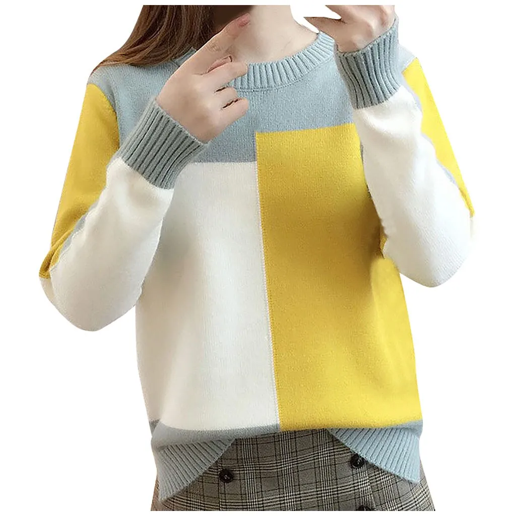 Jersey mujer invierno, женский свитер, Модный Цветной пуловер в стиле пэчворк, зимний теплый свитер с круглым вырезом и длинными рукавами, вязаный Топ, ropa mujer