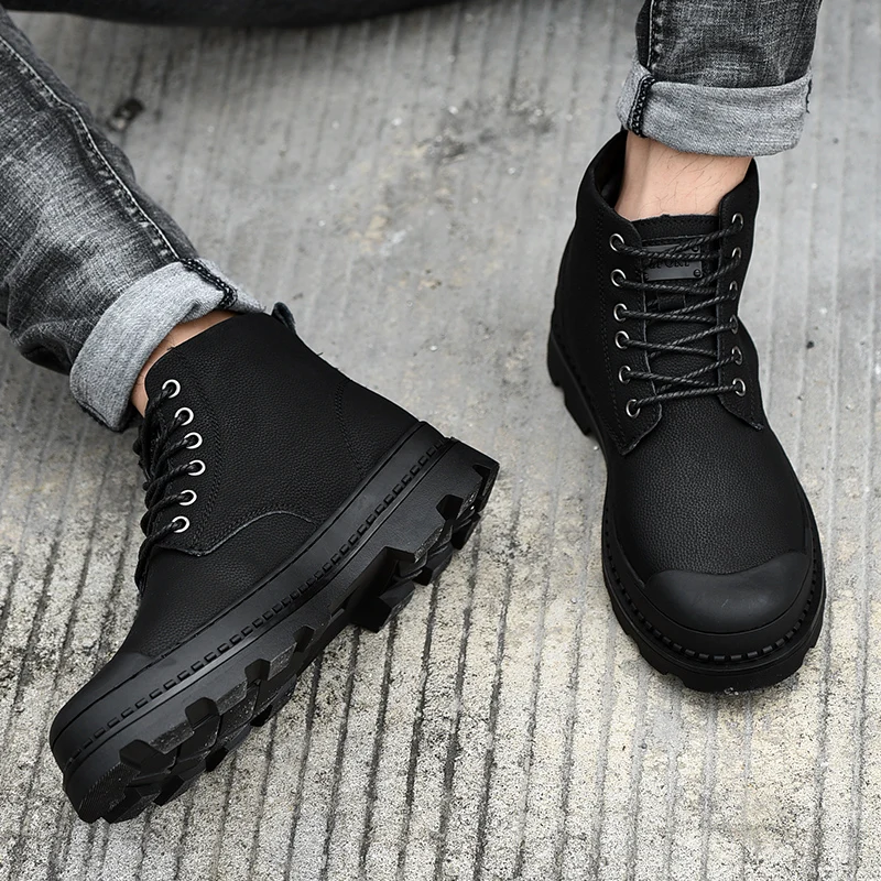 Black Warm Winter Men Boots Genuine Leather Ankle Boots Men Winter Work Shoes Men Military Fur Snow Boots for Men Botas