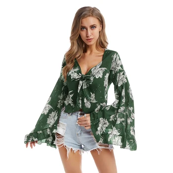 

Ruffled Irregular Sexy Chiffon Top Printed Flare Sleeve Ruffled Stripe Cardigan Strap Long Sleeve Top