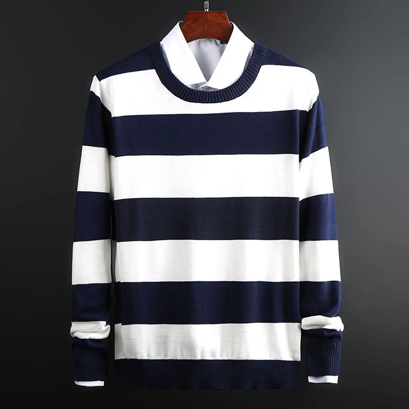 New Fashion Brand Sweater For Mens Pullovers Striped cSlim Fit Jumpers Knit Warm Autumn Korean Style Casual Men Clothes - Цвет: Navy