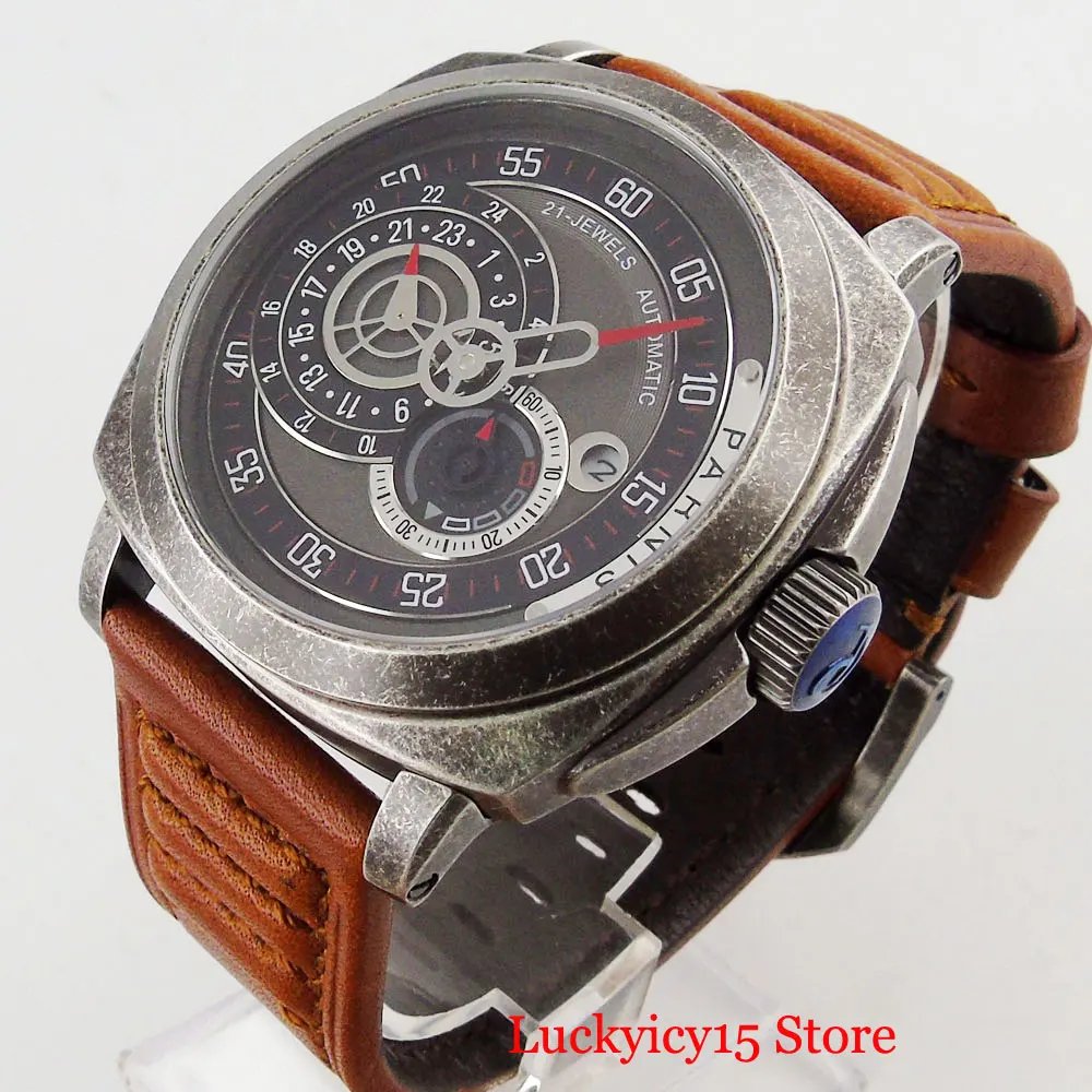  PARNIS Luxury Military Style Square Automatic Men Watch 24 Hours Date Indicator Self Winding Moveme
