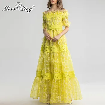 

MIAOQING 2020 Spring Half SleeveDress Fashion Runway 3D Floral Lace Vintage Elegant Long Dress Women vestidos Cake Maxi Dress
